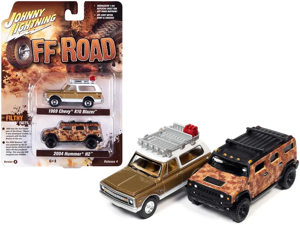 1969 Chevy K10 Blazer & 2004 Hummer H2 Diecast Set 1/64 by Johnny Lightning – Gold Metallic & Camouflage Off-Road Models