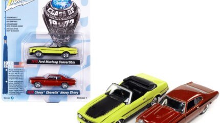 1972 Ford Mustang & Chevrolet Chevelle SS Diecast Set - Bright Lime Green & Orange Flame Metallic - 1/64 Scale by Johnny Lightning