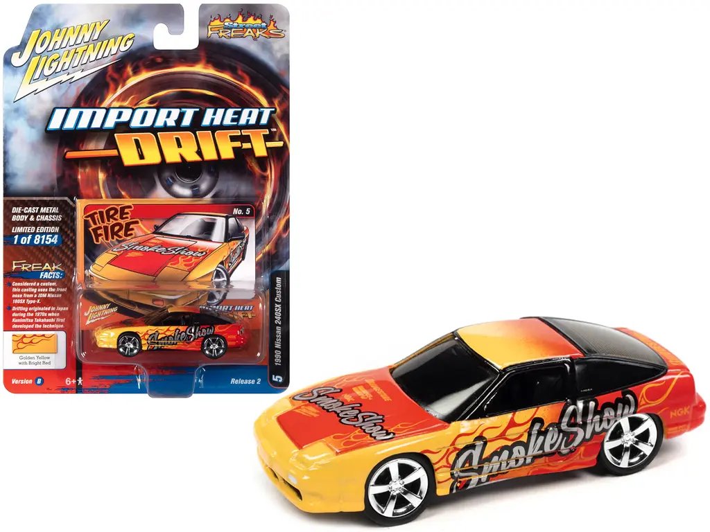 Limited Edition 1990 Nissan 240SX Diecast Model – Custom Golden Yellow with Red Flames by Johnny Lightning