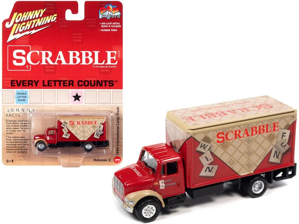 1999 International Cargo Truck Red with Graphics “Scrabble” “Pop Culture” 2022 Release 2 1/64 Diecast Model Car by Johnny Lightning
