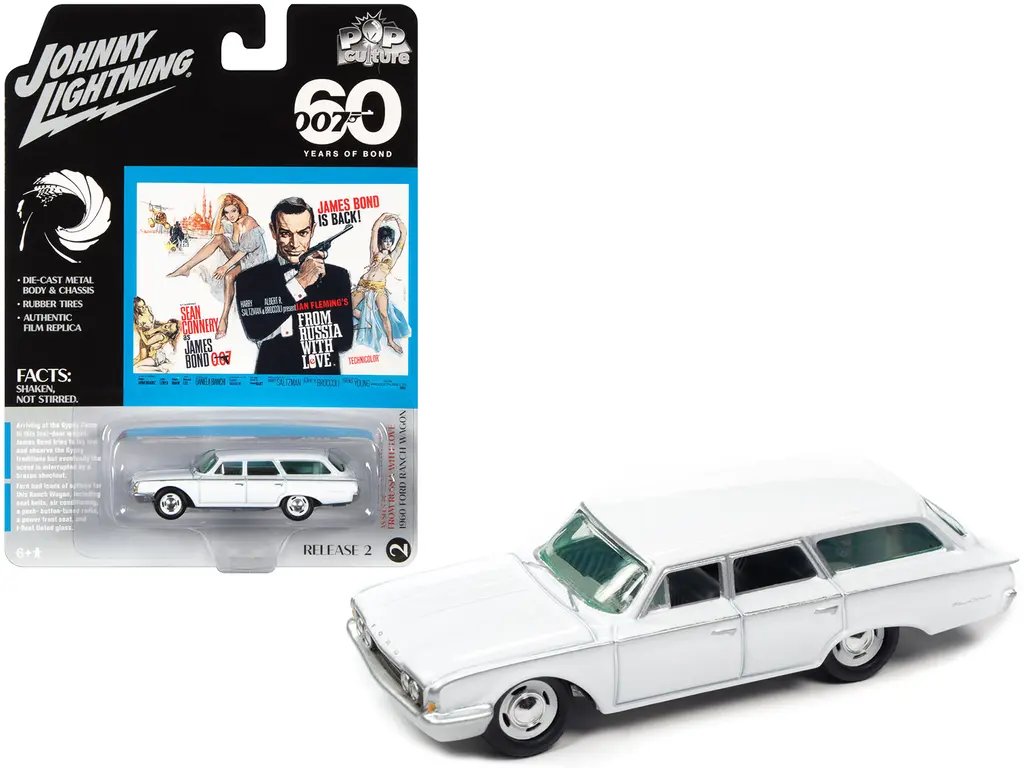1960 Ford Ranch Wagon White 007 James Bond “From Russia With Love” (1963) Movie “Pop Culture” 2022 Release 2 1/64 Diecast Model Car by Johnny Lightning