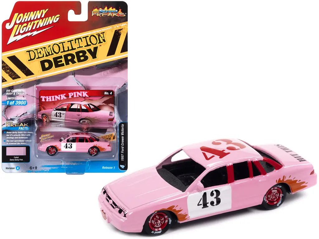 Limited Edition 1997 Ford Crown Victoria #43 Pink Demolition Derby 1/64 Diecast by Johnny Lightning