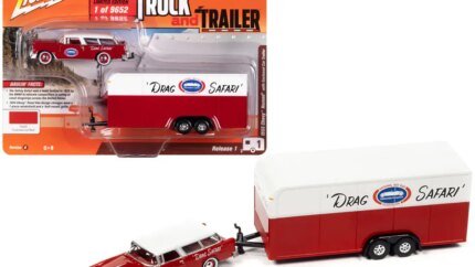 Limited Edition 1955 Chevrolet Nomad NHRA Drag Safari 1/64 Diecast Model with Trailer by Johnny Lightning