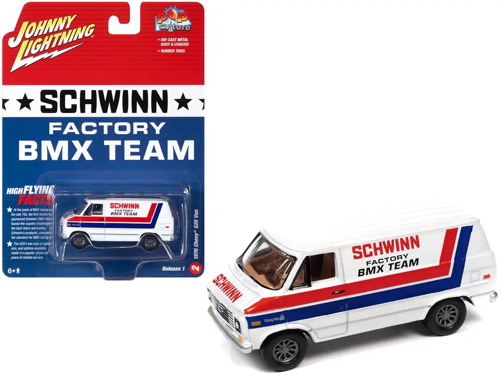 1976 Chevrolet G20 Van Schwinn BMX Team 1/64 Diecast by Johnny Lightning – 2023 Collectible Release