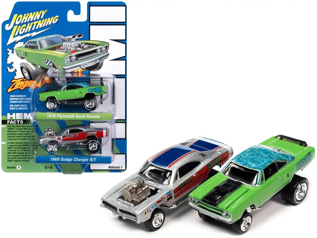 2023 Johnny Lightning 1/64 Diecast: 1970 Plymouth Road Runner HEMI & 1969 Dodge Charger R/T 'Zingers!' 2-Pack 2 2023 Johnny Lightning 1/64 Diecast: 1970 Plymouth Road Runner HEMI & 1969 Dodge Charger R/T 'Zingers!' 2-Pack - Image 2