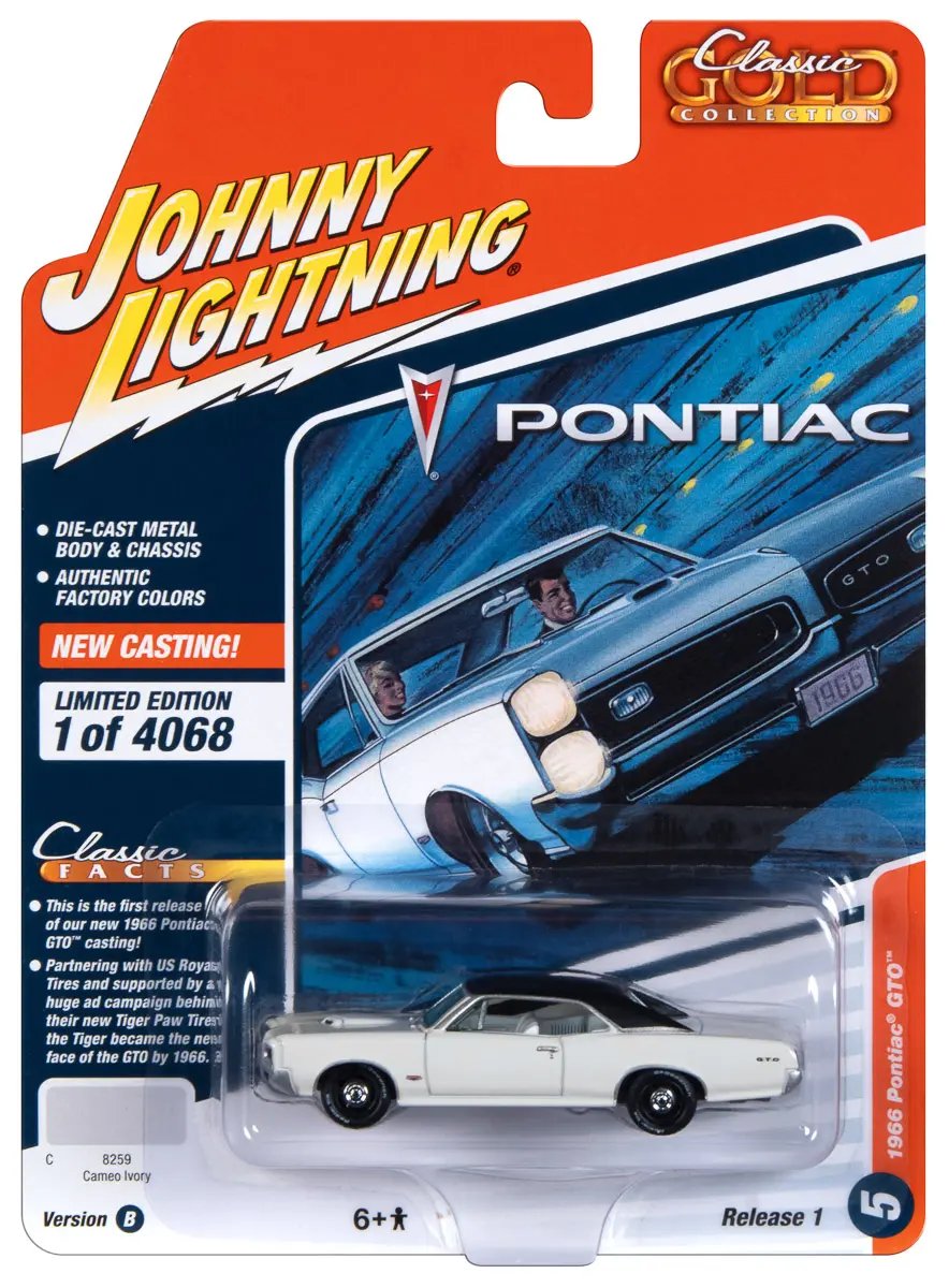 1966 Pontiac GTO Cameo Ivory 1/64 Diecast Model – Limited Edition Classic Gold Collection by Johnny Lightning