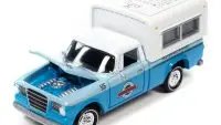 1960 Studebaker Pickup Truck Diecast Model - Light Blue Two-Tone with Camper & Monopoly Token by Johnny Lightning