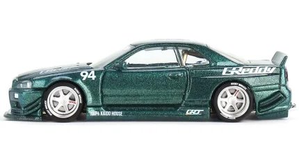 Nissan Skyline GT-R R34 Kaido Works GReddy V1 RHD Green Metallic 1/64 Diecast Model by True Scale Miniatures