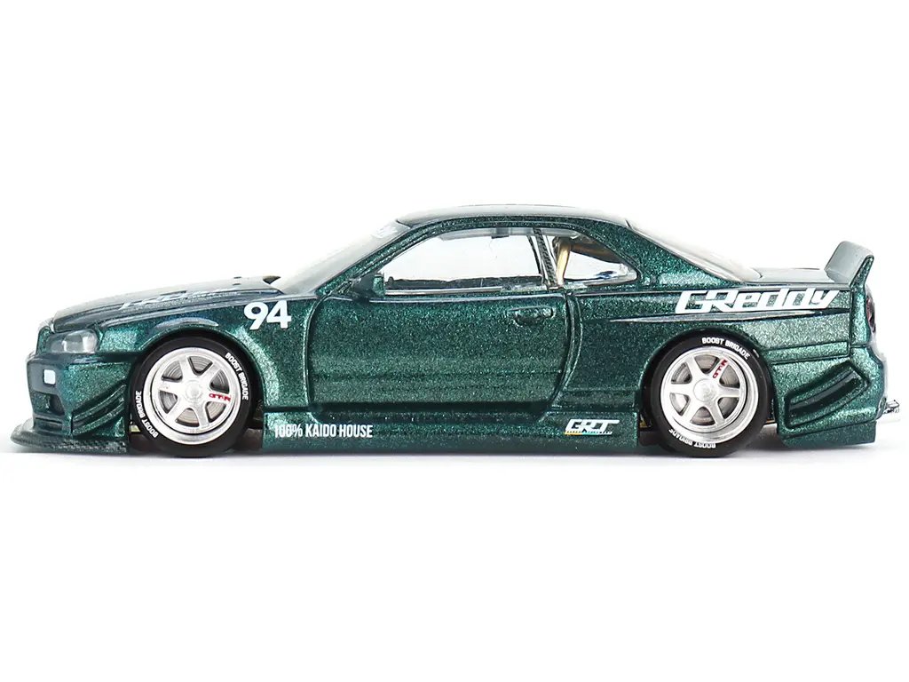 Diecast Model Cars wholesale toys dropshipper drop shipping Nissan Skyline GT R R34 Kaido Works GReddy V1 RHD Right Hand Drive #94 Green Metallic Designed Jun Imai Kaido House Special 1/64 True Scale Miniatures KHMG074 drop shipping wholesale drop sh Nissan Skyline GT-R R34 Kaido Works GReddy V1 RHD Green Metallic 1/64 Diecast Model by True Scale Miniatures