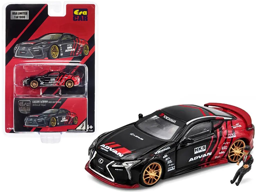 Lexus LC500 RHD (Right Hand Drive) Black and Red ADVAN Livery “HKS” and Driver Figure Limited Edition to 1800 pieces 1/64 Diecast Model Car by Era Car