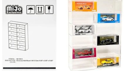 Showcase 12 Car Display Case Wall Mount for 1/64 Scale Models - Mijo Exclusives with Clear Back Panel
