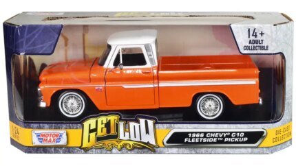 1966 Chevrolet C10 Fleetside Lowrider Diecast Model - Orange Metallic & White by Motormax