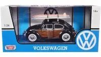 1966 Volkswagen Beetle Diecast Model Car 1/24 Black with Wood Panels & Surfboards by Motormax