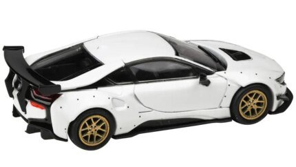 Stunning BMW i8 Liberty Walk 1/64 Diecast Model Car - White with Gold Wheels by Paragon Models