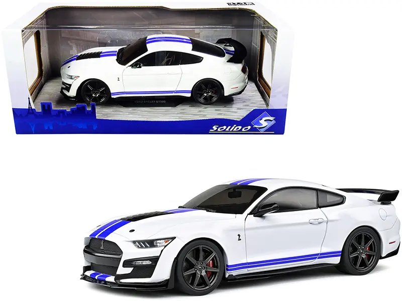 2020 Ford Mustang Shelby GT500 1/18 Diecast Model – White with Blue Stripes by Solido