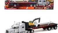 Peterbilt 389 Silver Metallic Diecast Model with Flatbed Trailer - Premium Collectible Truck