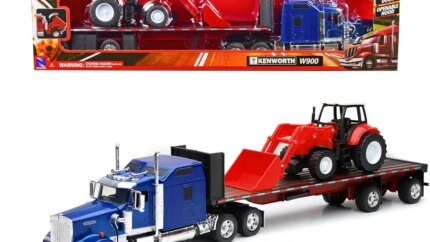 Kenworth W900 Blue Metallic Diecast Truck & Red Farm Tractor Set - 1/32 Long Haul Series by New Ray