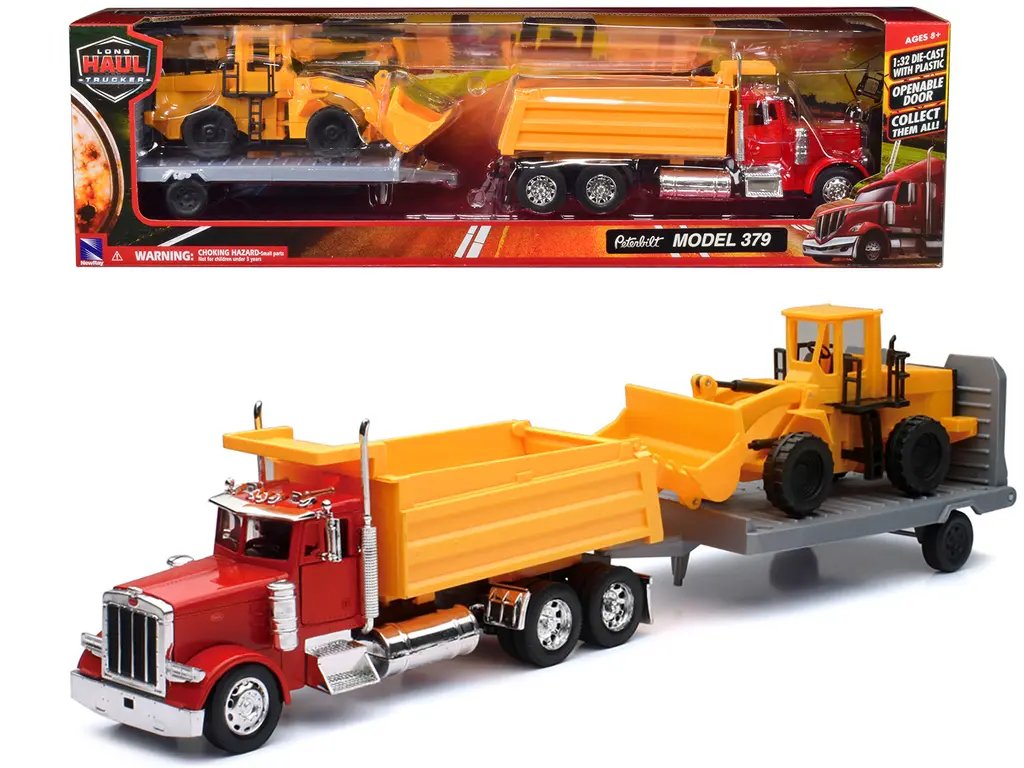 Peterbilt 379 Red Dump Truck & Yellow Wheel Loader Diecast Model – Long Haul Truckers Series by New Ray