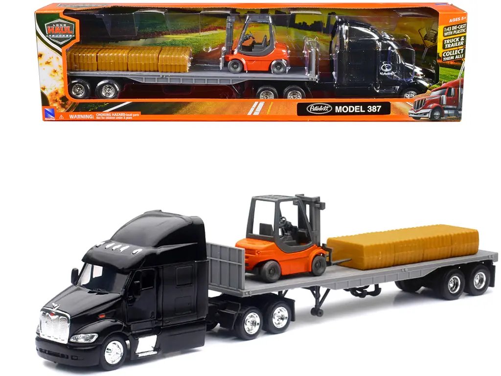 Peterbilt 387 Truck with Flatbed Trailer Black with Forklift and Hay Bales “Long Haul Trucker” Series 1/43 Diecast Model by New Ray
