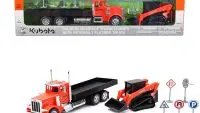 Peterbilt 379 Flatbed Truck & Kubota SVL 95-2S Loader Diecast Models 1/32 by New Ray - Orange Collectible Set