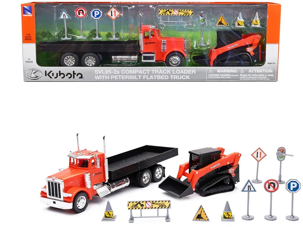 Peterbilt 379 Flatbed Truck & Kubota SVL 95-2S Loader Diecast Models 1/32 by New Ray – Orange Collectible Set