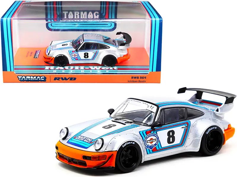 Porsche RWB 964 Ichiban Boshi #8 “Martini” Silver with Stripes “RAUH-Welt BEGRIFF” 1/43 Diecast Model Car by Tarmac Works