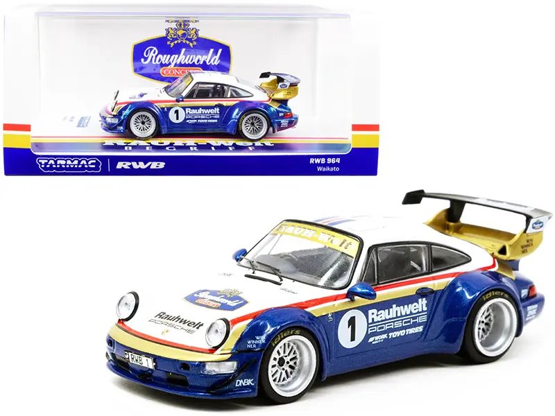 Porsche RWB 964 Waikato RHD (Right Hand Drive) #1 White and Blue Metallic with Stripes “RAUH-Welt BEGRIFF” 1/43 Diecast Model Car by Tarmac Works