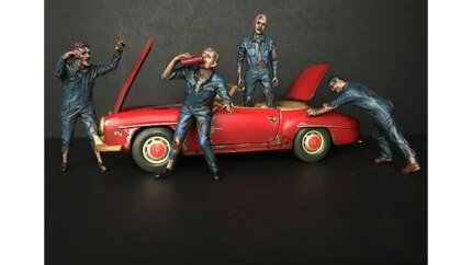 Zombie Mechanics 4-Piece Figurine Set for 1/24 Scale Models by American Diorama - Perfect for Diorama Enthusiasts