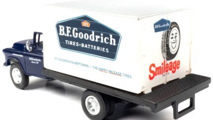 1957 Chevrolet Box Truck Model 1/87 HO Scale - Dark Blue BFGoodrich by Classic Metal Works