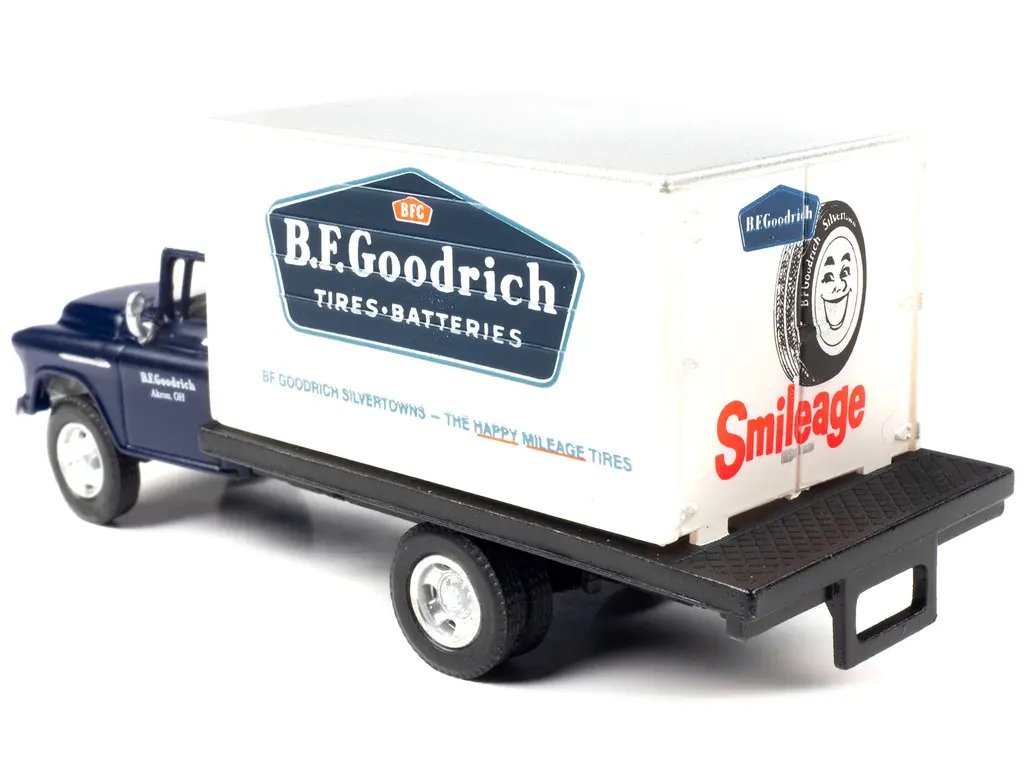 1957 Chevrolet Box Truck Model 1/87 HO Scale – Dark Blue BFGoodrich by Classic Metal Works