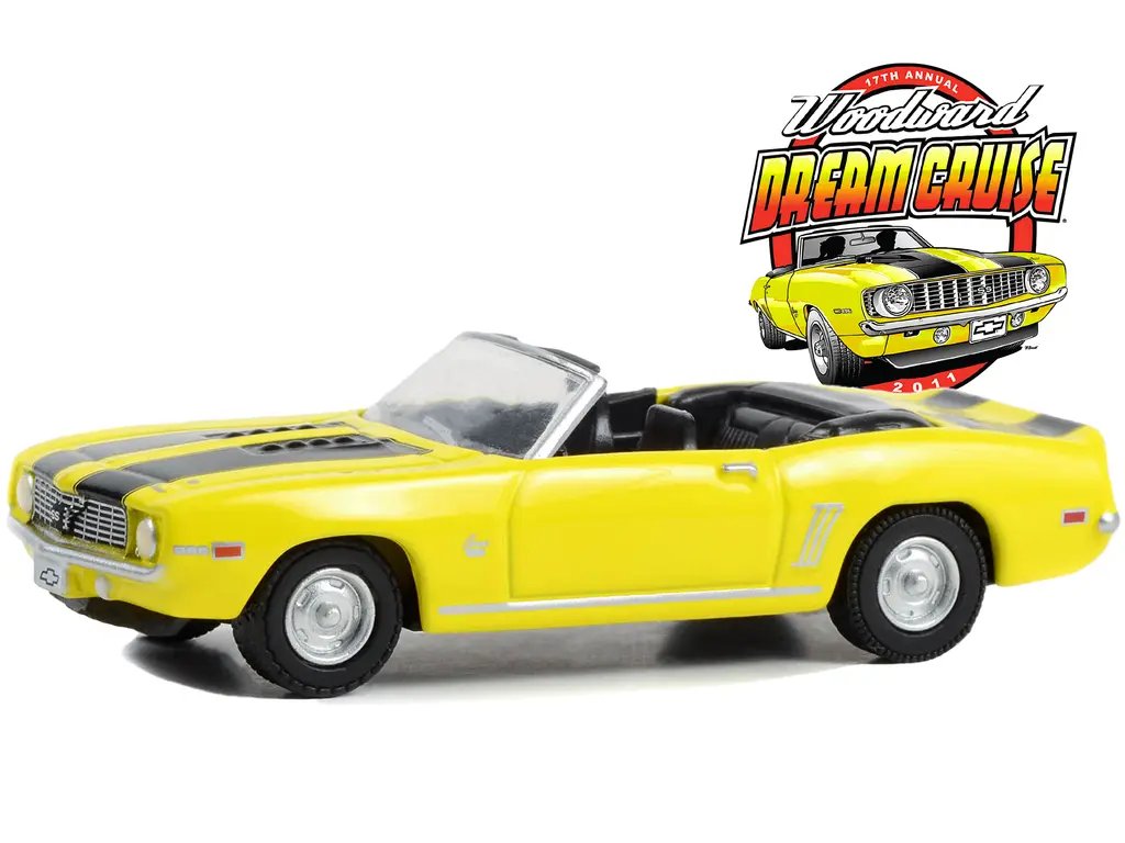 Diecast Model Cars wholesale toys dropshipper drop shipping 1969 Chevrolet Camaro SS Convertible Yellow with Black Stripes 17th Annual Woodward Dream Cruise Featured Heritage Vehicle 2011 Woodward Dream Cruise Series 1 1/64 Greenlight 37280B drop shi 1969 Chevrolet Camaro SS Convertible Diecast - Woodward Dream Cruise Edition by Greenlight