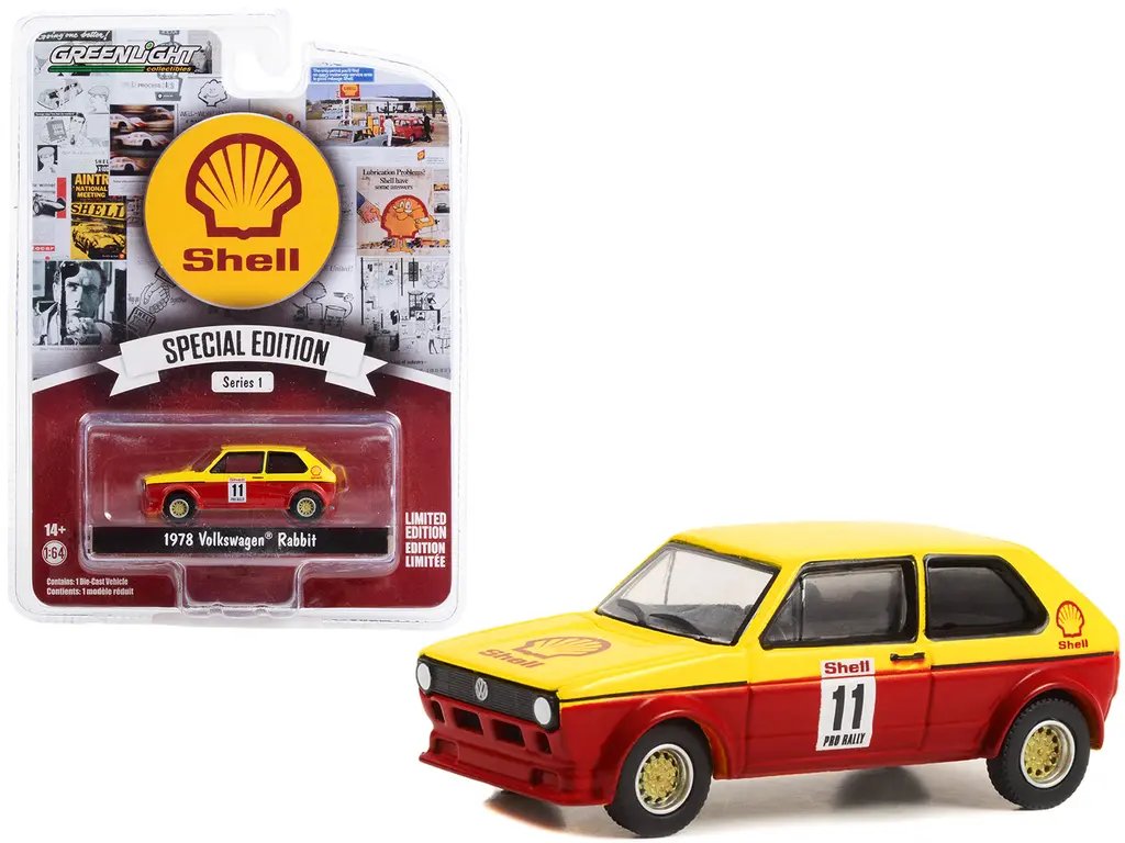 Diecast Model Cars wholesale toys dropshipper drop shipping 1978 Volkswagen Rabbit #11 Pro Rally Yellow and Red Shell Oil Shell Oil Special Edition Series 1 1/64 Greenlight 41125B drop shipping wholesale drop ship drop shipper dropship dropshipping t 1978 Volkswagen Rabbit #11 Shell Oil Special Edition 1/64 Diecast Model by Greenlight