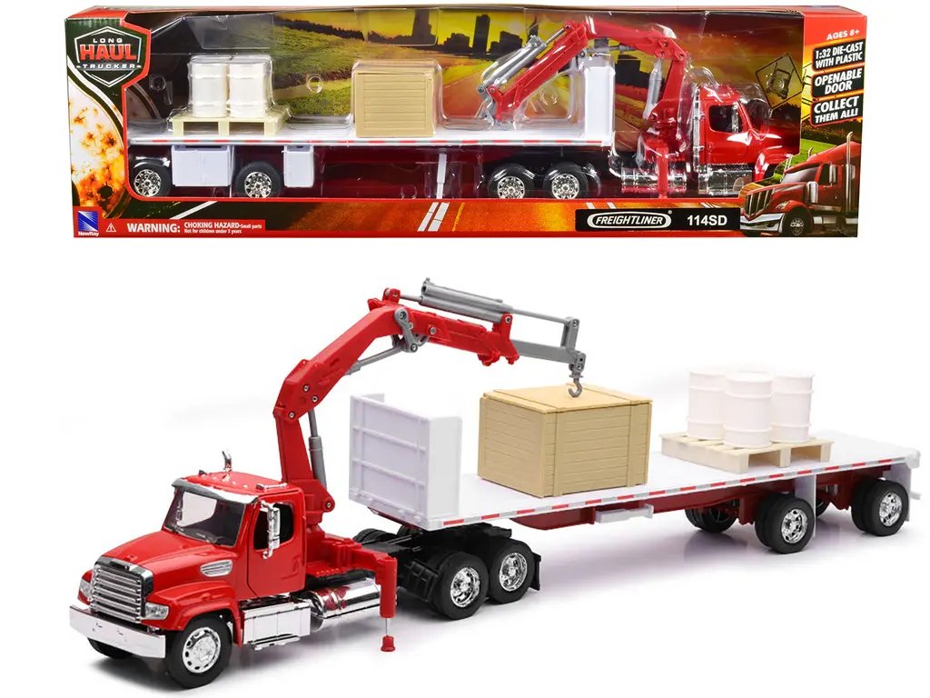 Diecast Model Cars wholesale toys dropshipper drop shipping Freightliner 114SD Flatbed Truck with Crane Red with Accessories Long Haul Trucker Series 1/32 New Ray 10993 drop shipping wholesale drop ship drop shipper dropship dropshipping toys dropshi Freightliner 114SD Flatbed Truck with Crane Diecast Model - Long Haul Trucker Series by New Ray