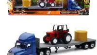 Freightliner Cascadia Flatbed with Red Farm Tractor & Hay Bales 1/43 Diecast Model - Long Haul Trucker Series by New Ray