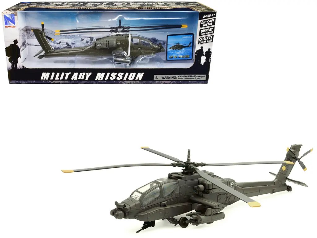 Authentic 1/55 Boeing AH-64 Apache Diecast Model – Olive Drab Military Series by New Ray