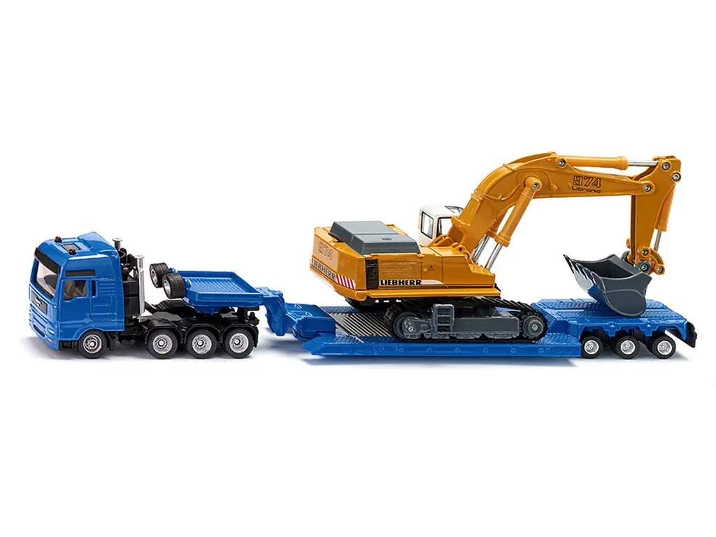 1/87 Siku Diecast Models: Blue Heavy Haulage Flatbed & Yellow Liebherr 974 Excavator 2 1/87 Siku Diecast Models: Blue Heavy Haulage Flatbed & Yellow Liebherr 974 Excavator - Image 2